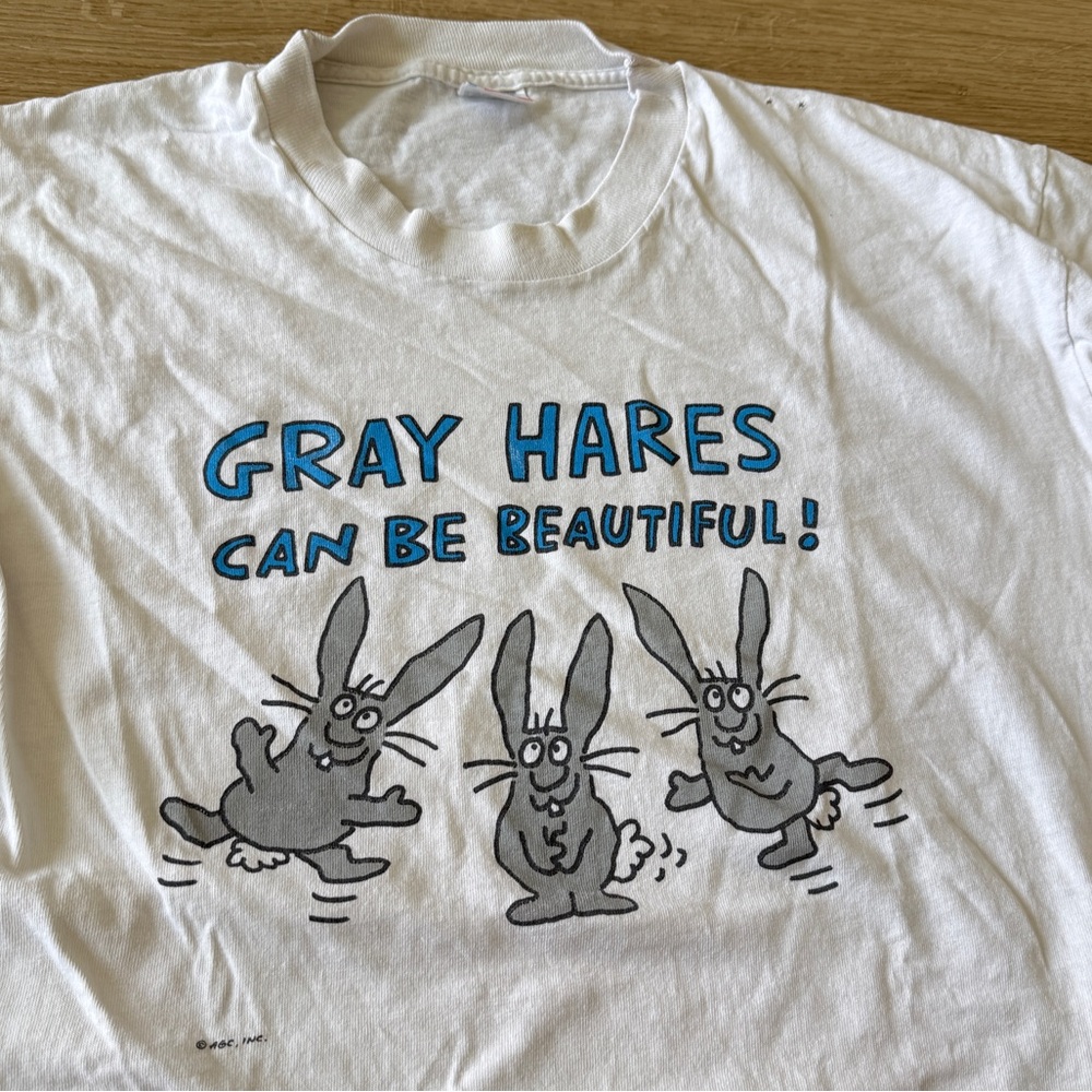 Vintage 90s Rabbits "Gray Hares Can Be Beautiful" Graphic Single Stitch Tshirt - Picture 2 of 6